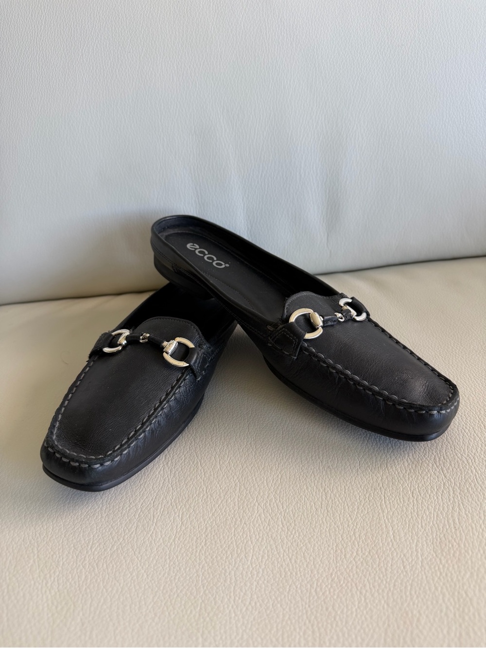 Ecco Black Leather Slip-On Loafer Mules with Silver Bit